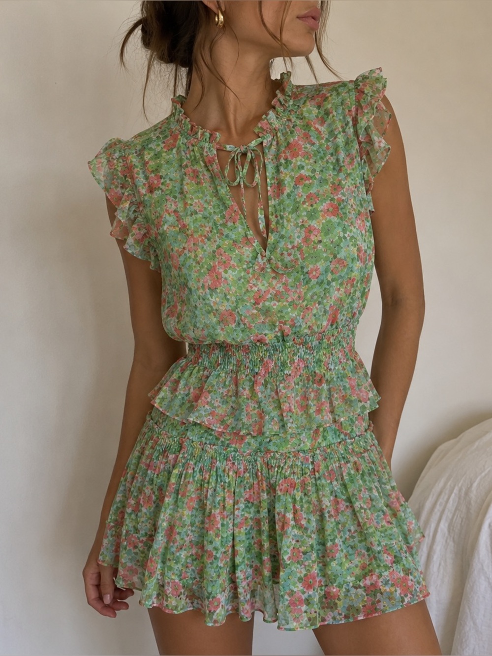 Reset by Jane Joelle Floral Ruffle Mini Dress Green Pink Tie Neck Small Feminine
